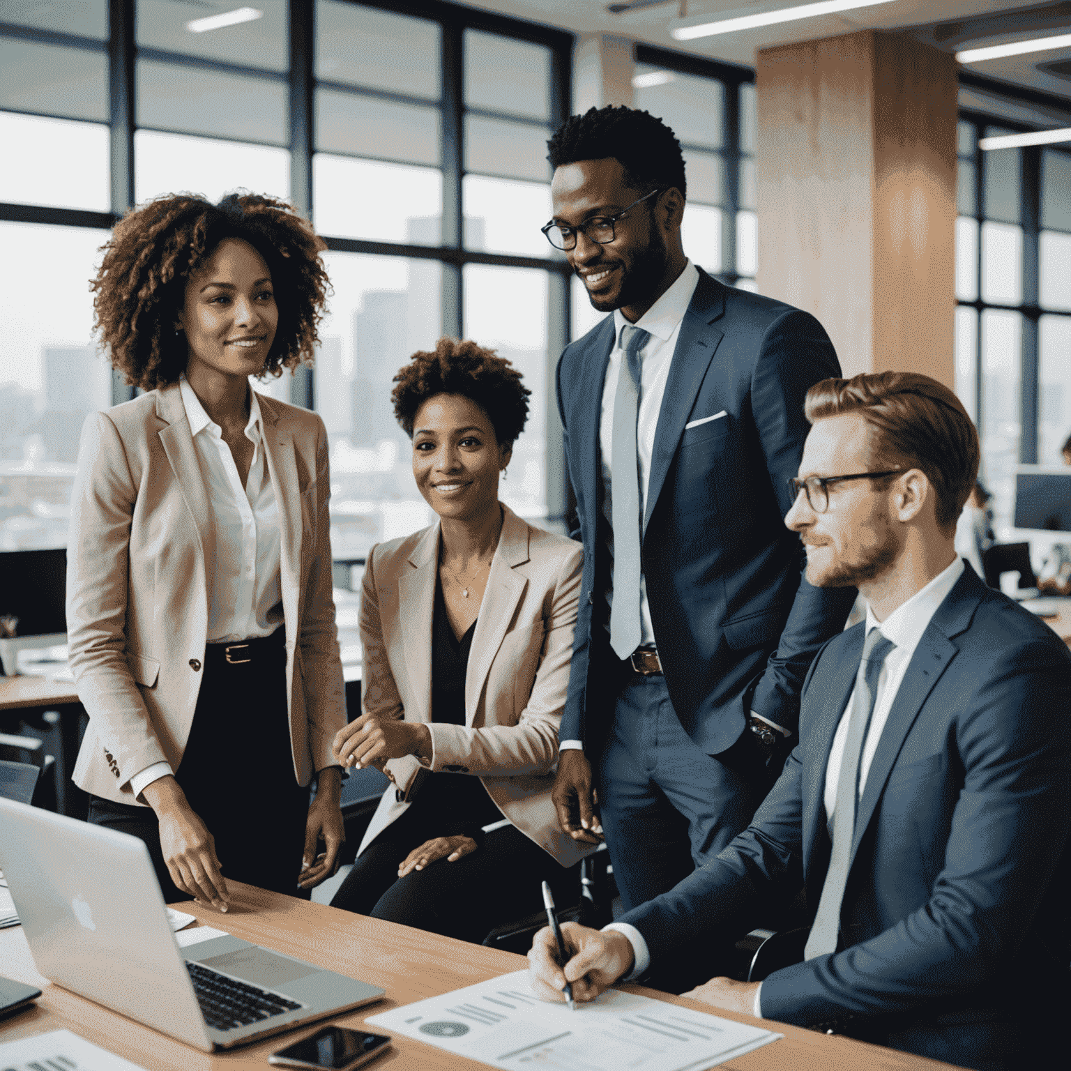 A group of diverse financial consultants in a modern office setting, collaborating on a project