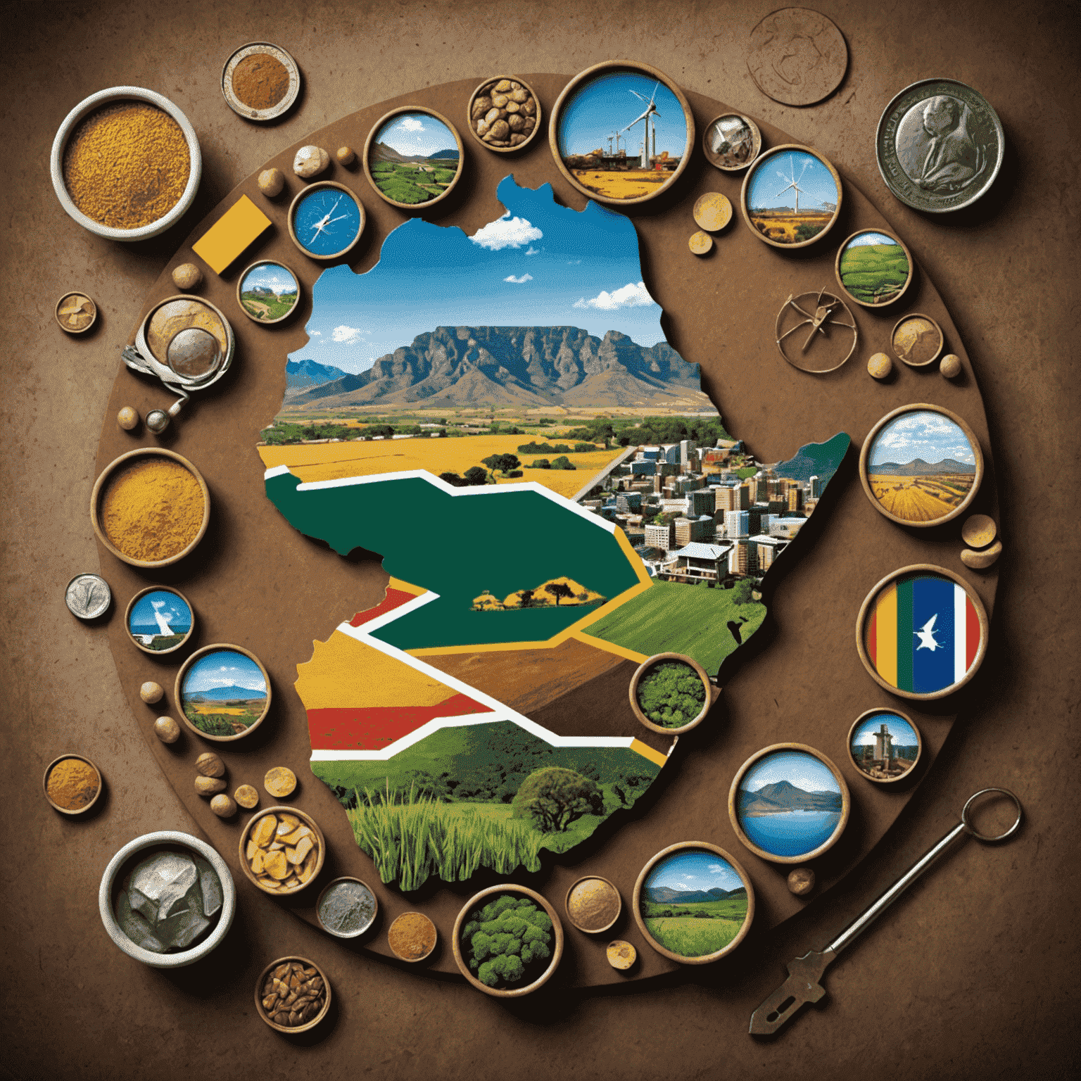 A visual representation of the South African economy, including key sectors such as finance, mining, agriculture, and tourism. The image should convey a sense of the country's economic diversity and potential.