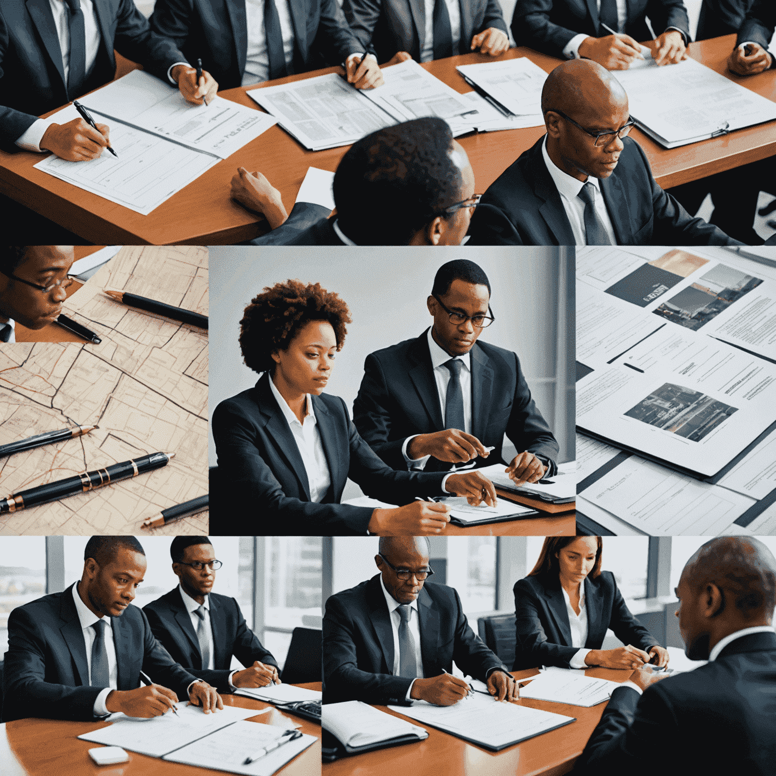 A collage of images representing various aspects of business regulations in South Africa, such as government buildings, legal documents, and business professionals in meetings