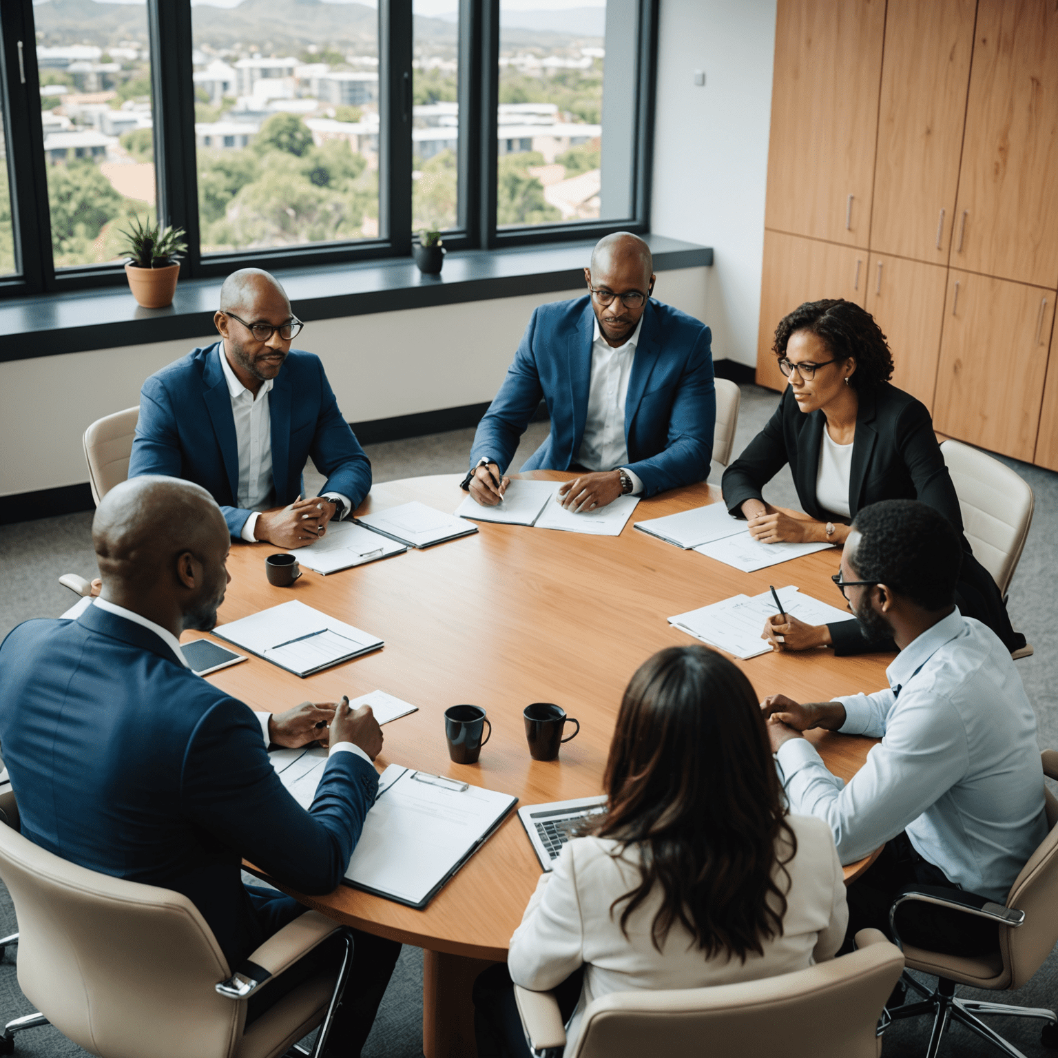 A group of diverse consultants gathered around a conference table, engaged in a strategic discussion. The image conveys collaboration, expertise, and a focus on delivering results for clients in South Africa.