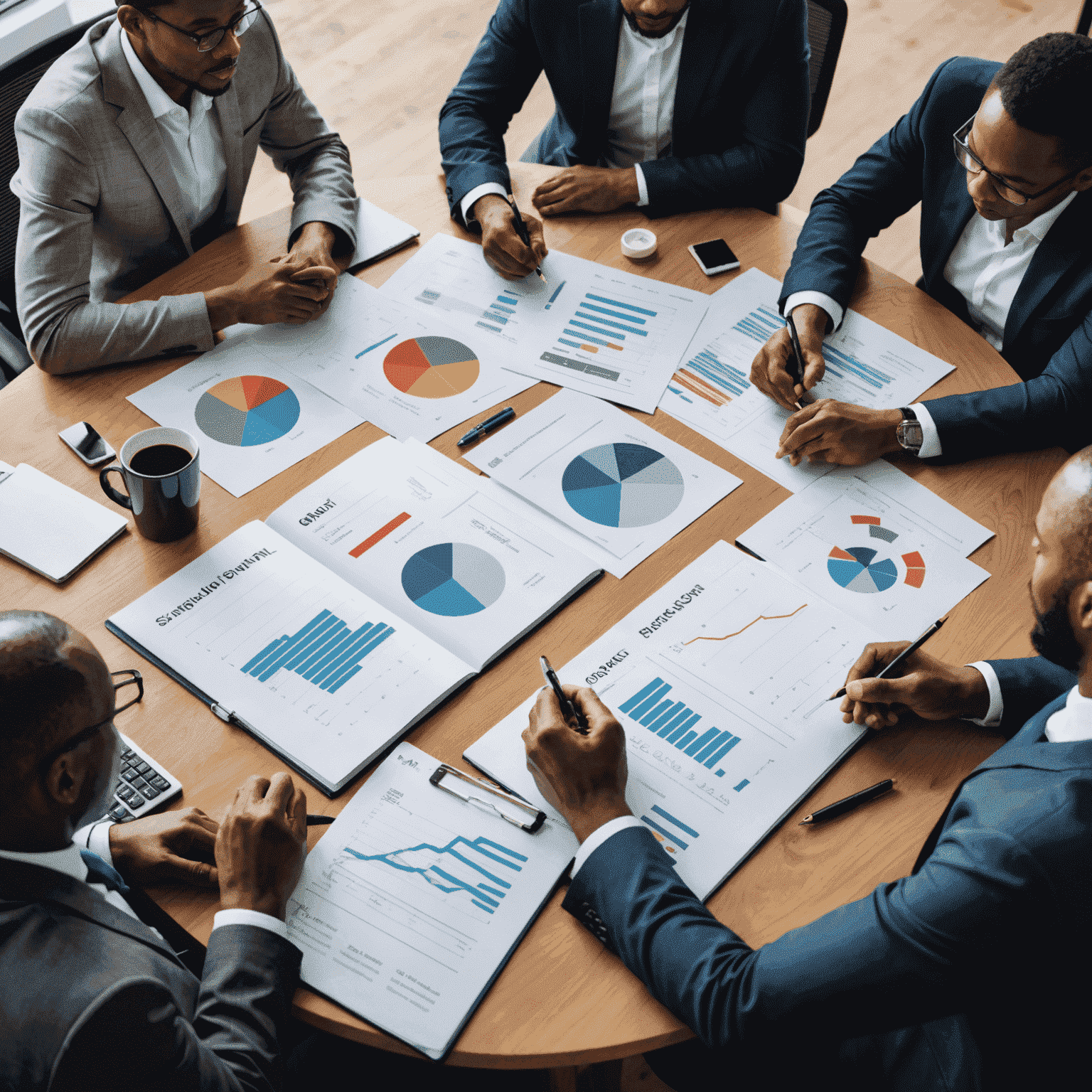 A group of financial experts collaborating around a table, discussing charts and graphs related to financial planning and investing consulting for South African businesses