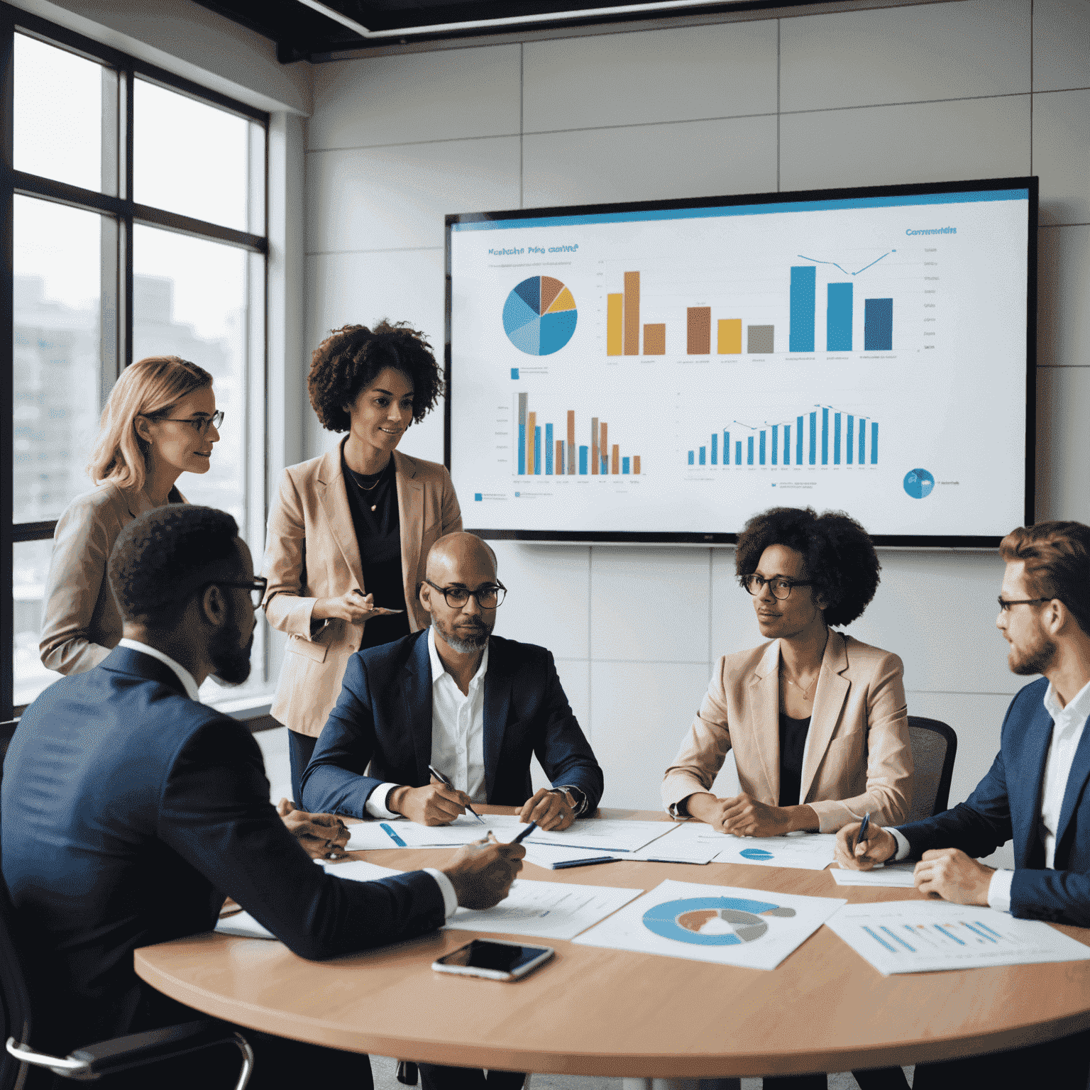 A diverse group of HR consultants discussing strategies around a conference table, with charts and graphs visible on a screen in the background