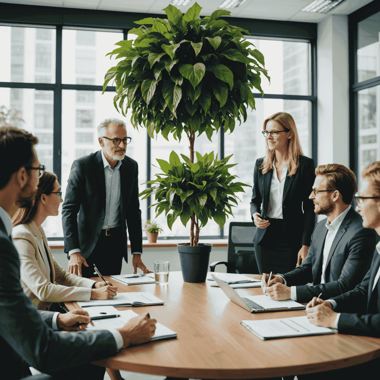 A team of consultants discussing sustainable business practices around a conference table, with a large green plant in the background to symbolize environmental responsibility